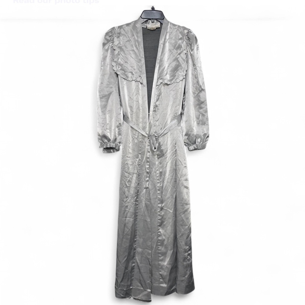 CHRISTIAN DIOR Silver Robe Lingerie Floral Lace Trim Nightgown Vintage 80s Sz M
